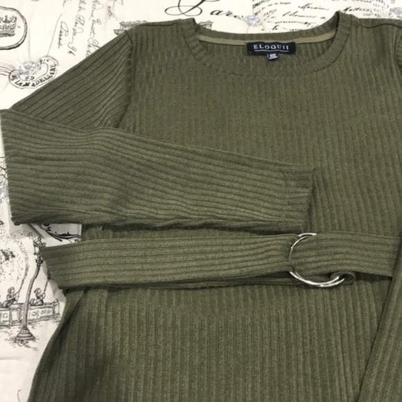 Eloquii Dark Olive Belted Rib Knit Crew Neck Shirt - Picture 4 of 7